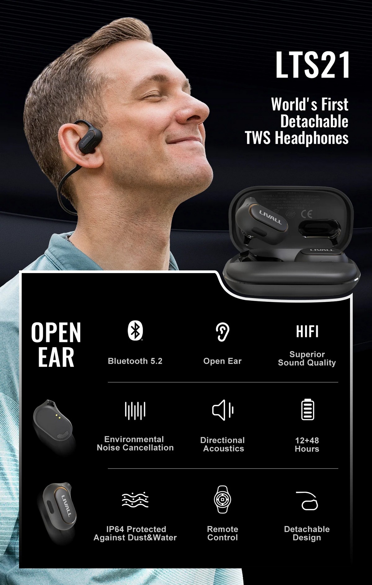 Urheilulliset langattomat Bluetooth-kuulokkeet - irrotettava avoimet korvat