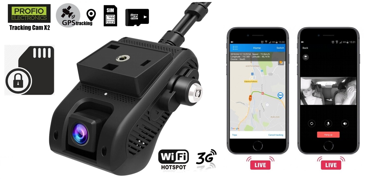 Kaksoisautokamera, jossa GPS-etävalvonta + Live Cam - PROFIO X2 + SIM /  Micro SD -lukko