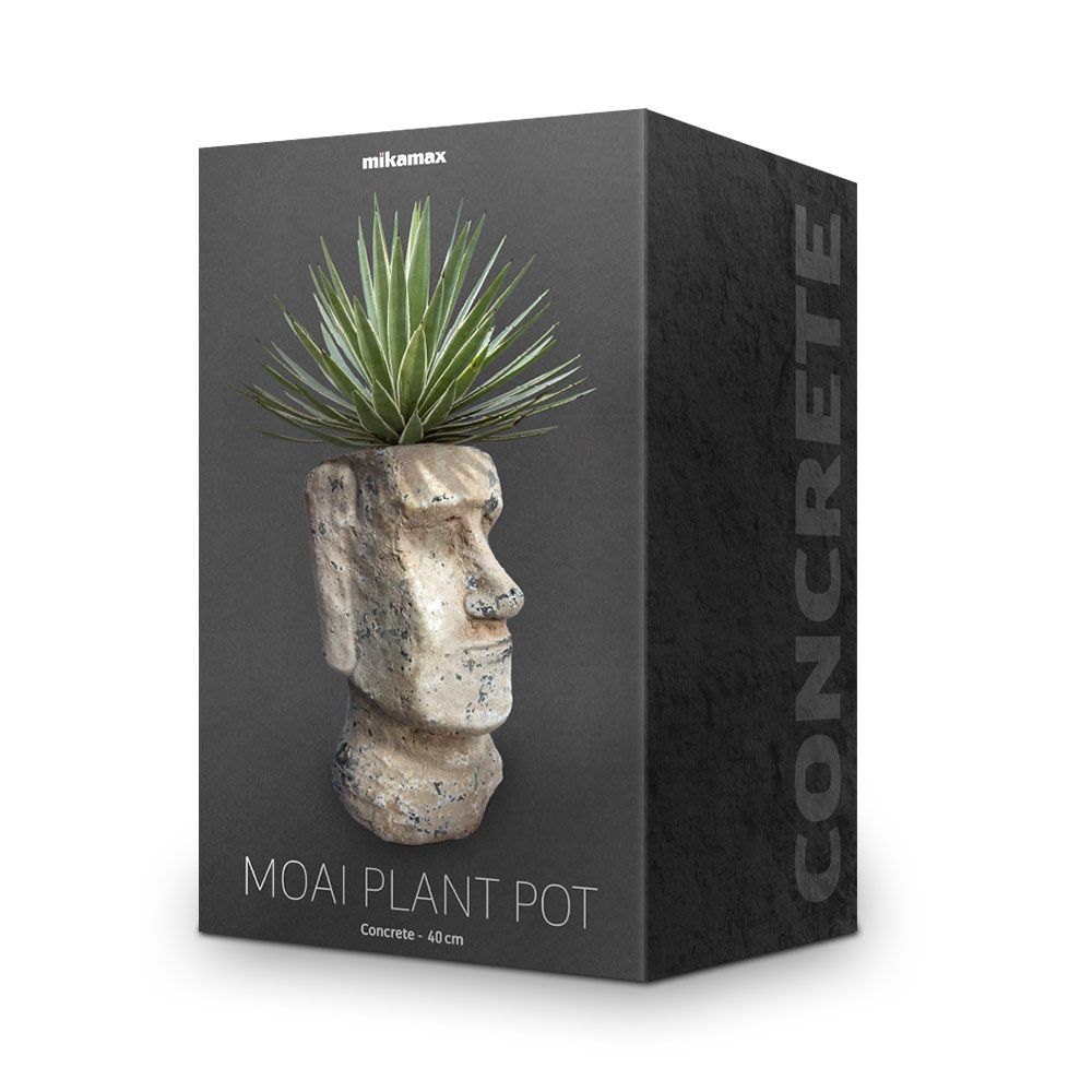 Kivibetonista valmistettu moai-pään muotoinen kukkaruukku