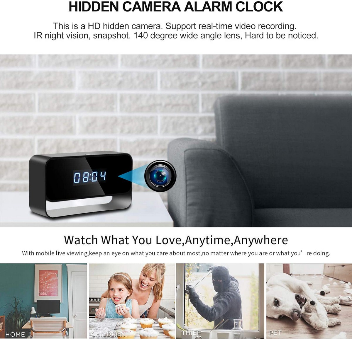 wifi-kamera asuntoon piilotettuna herätyskelloon