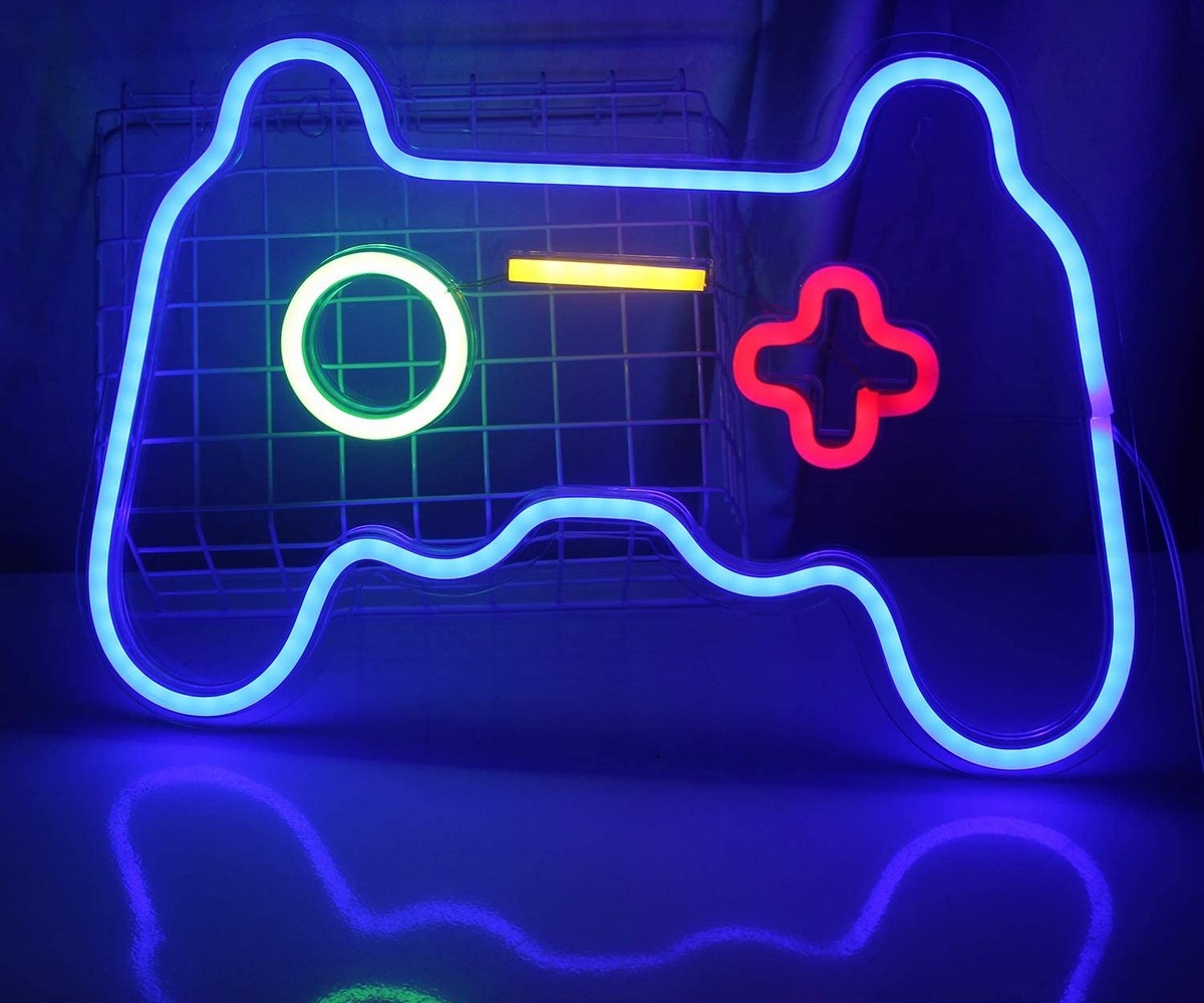 neon led-logo seinävalaisimessa - peliohjain