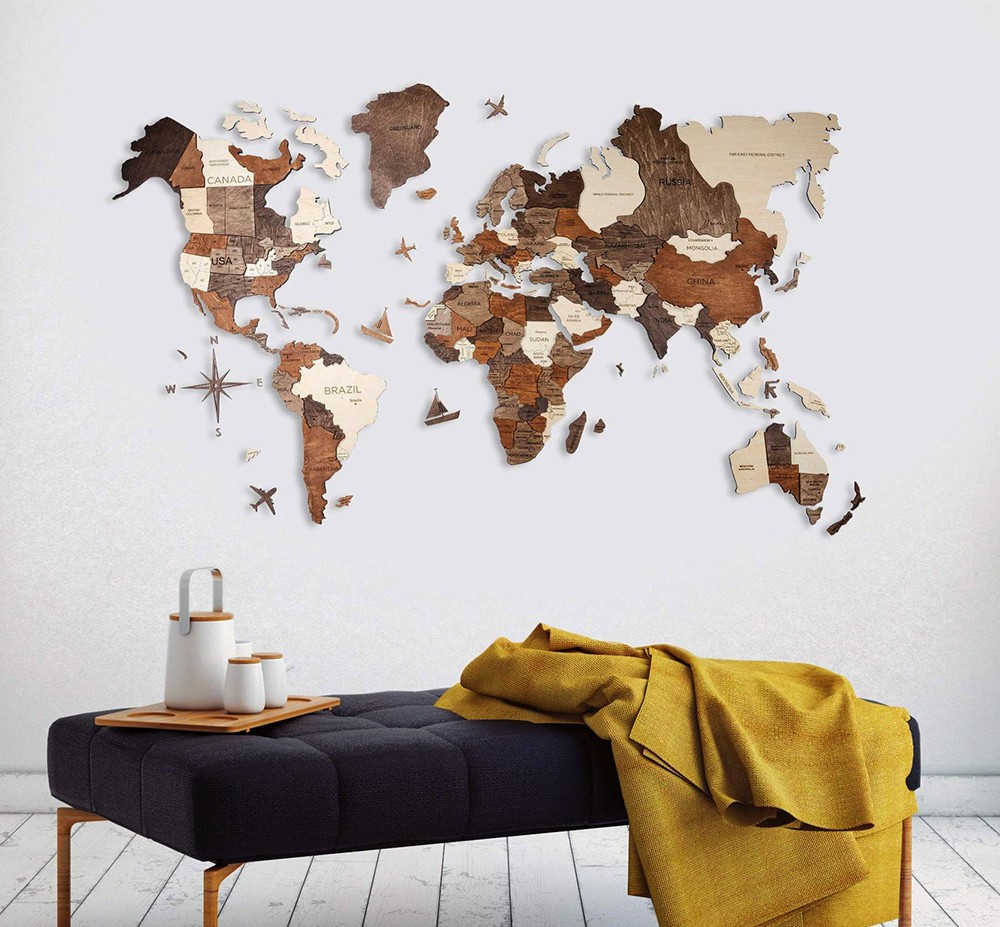 3d seinä karttoja maailmasta puinen